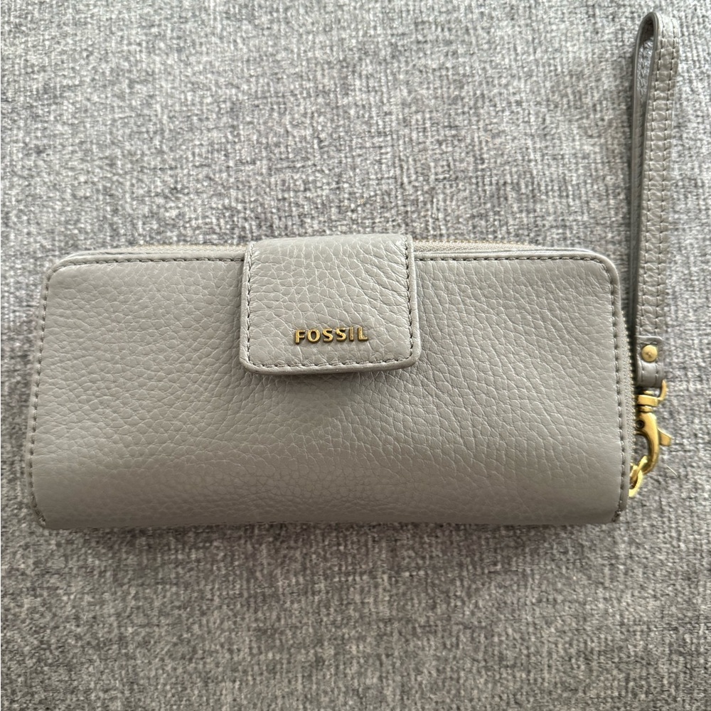 Fossil Gray Pebbled Leather Wallet with Gold Accents
